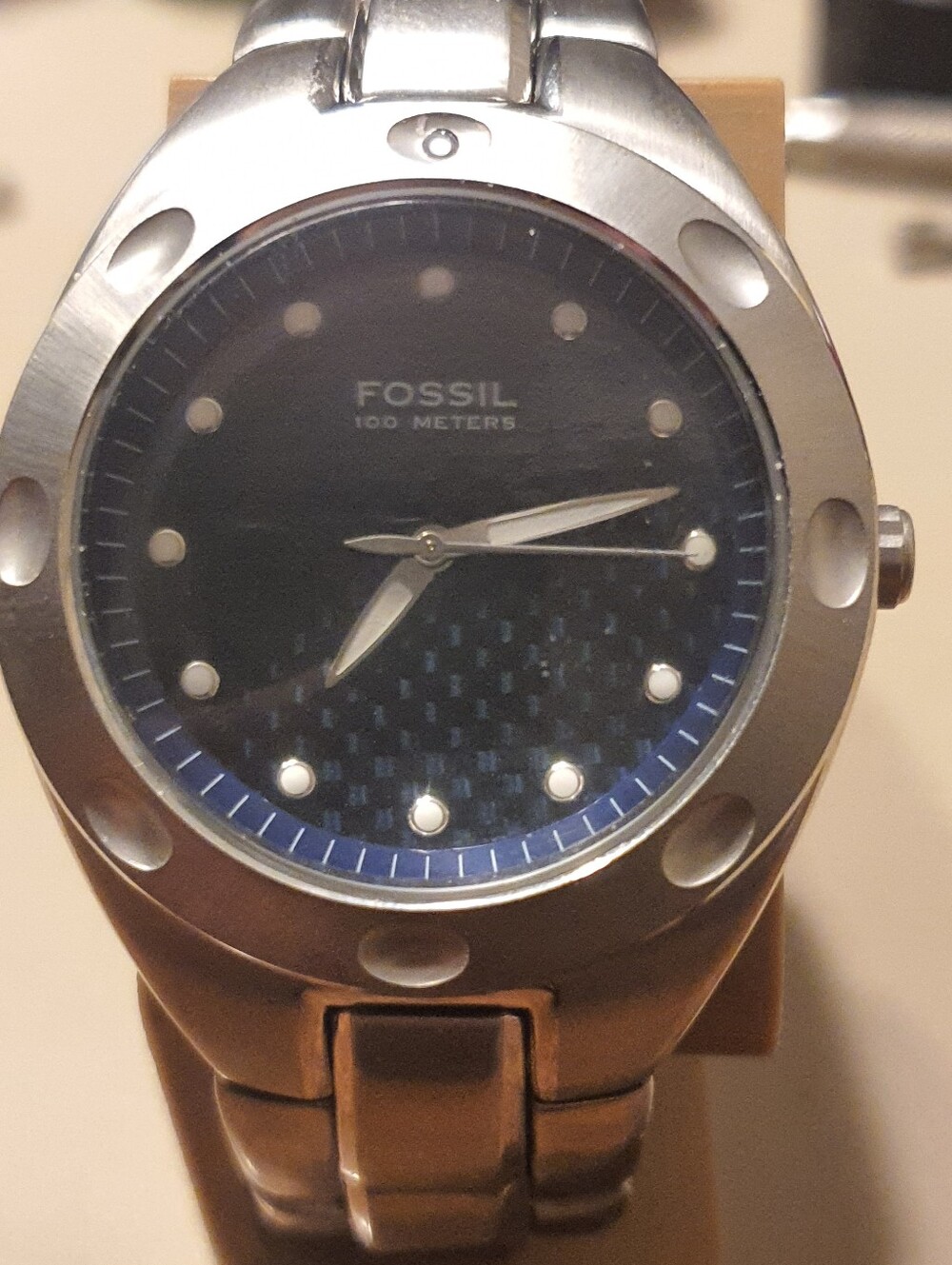 Vtg Fossil PR-5098 Silver/Blue Stainless Steel Men's Watch
